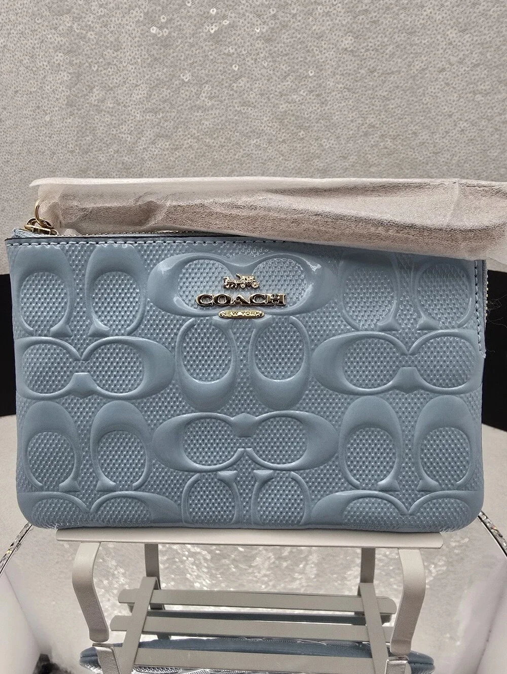 Coach Light Blue Pearlized Signature Patent Leather Wristlet Pouch